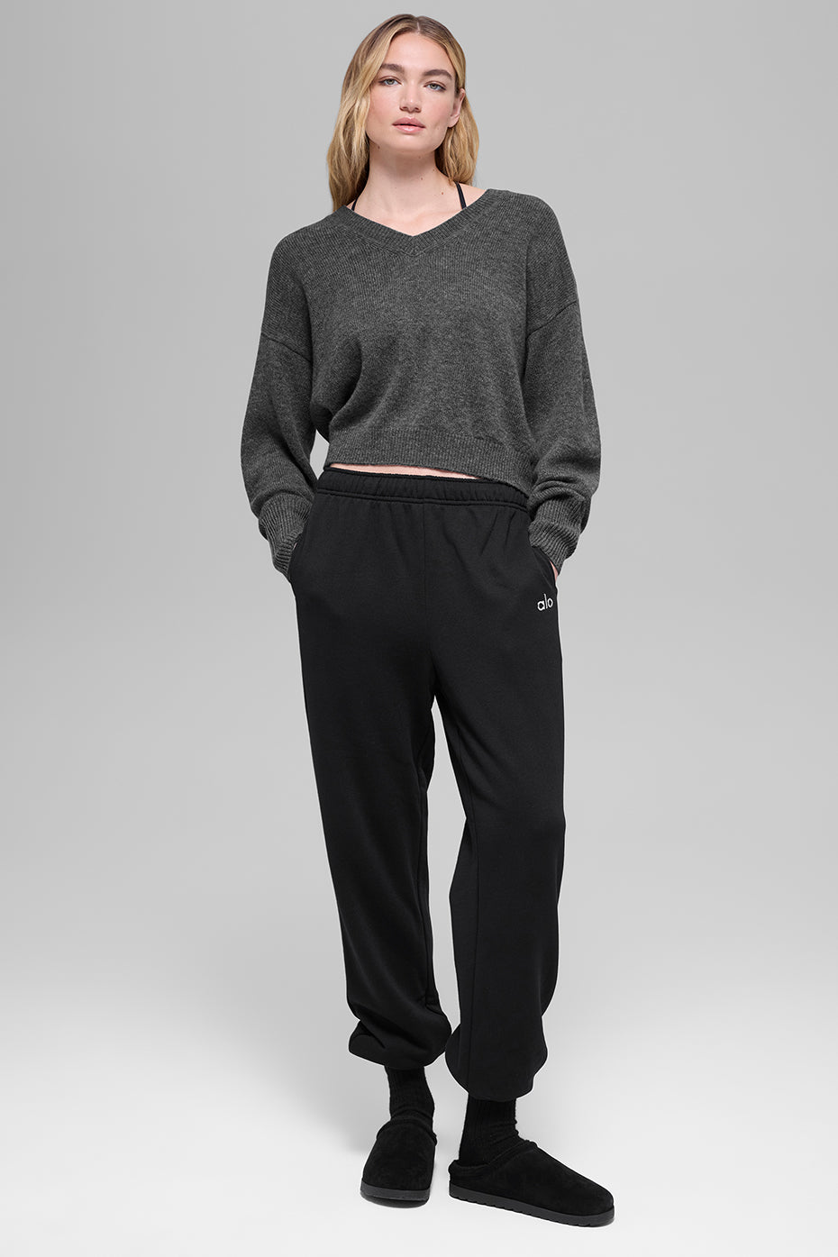 Wool Cashmere Cropped New Class V-Neck Sweater - Platinum Grey