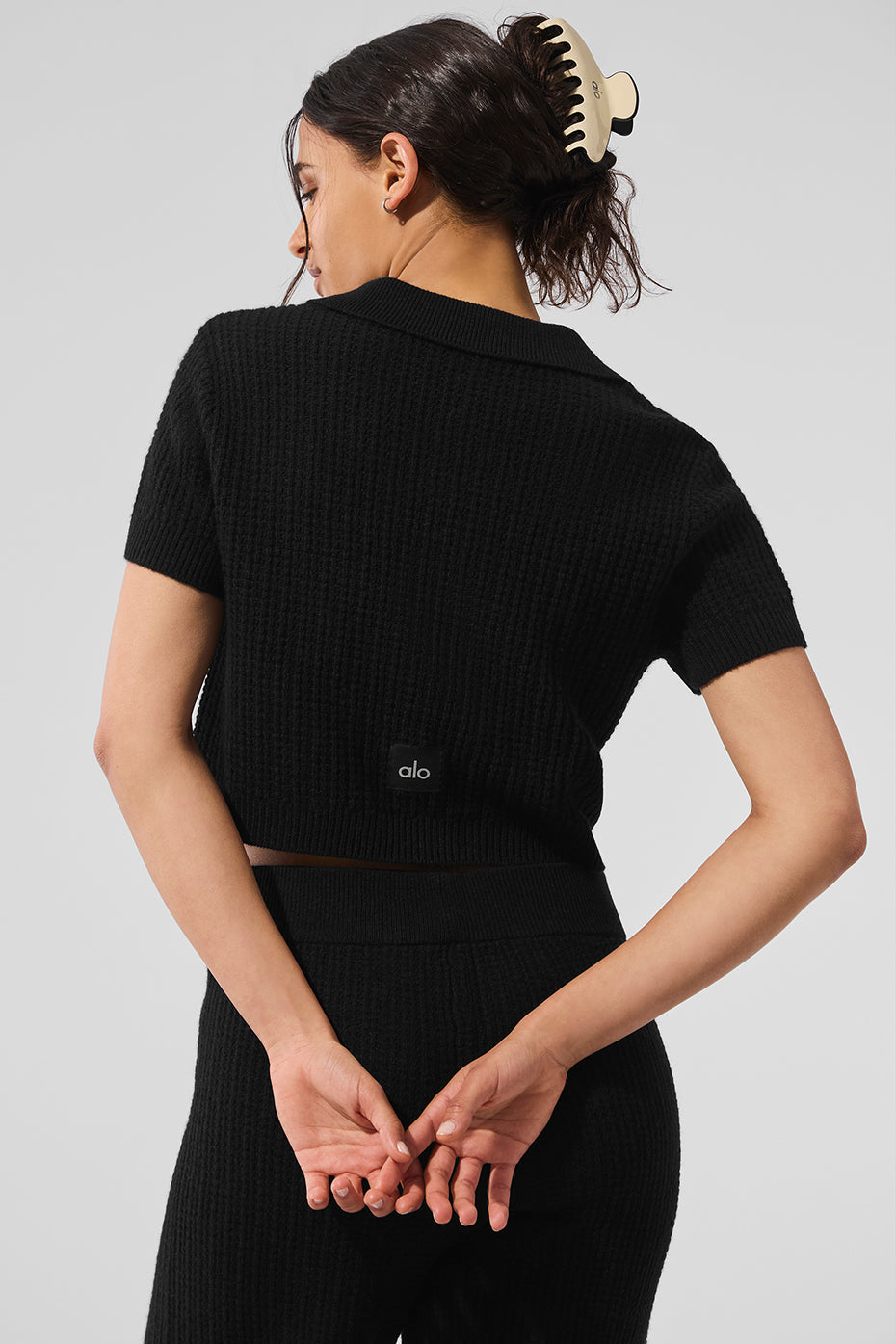 Cashmere Plush Waffle Polo Tee - Black