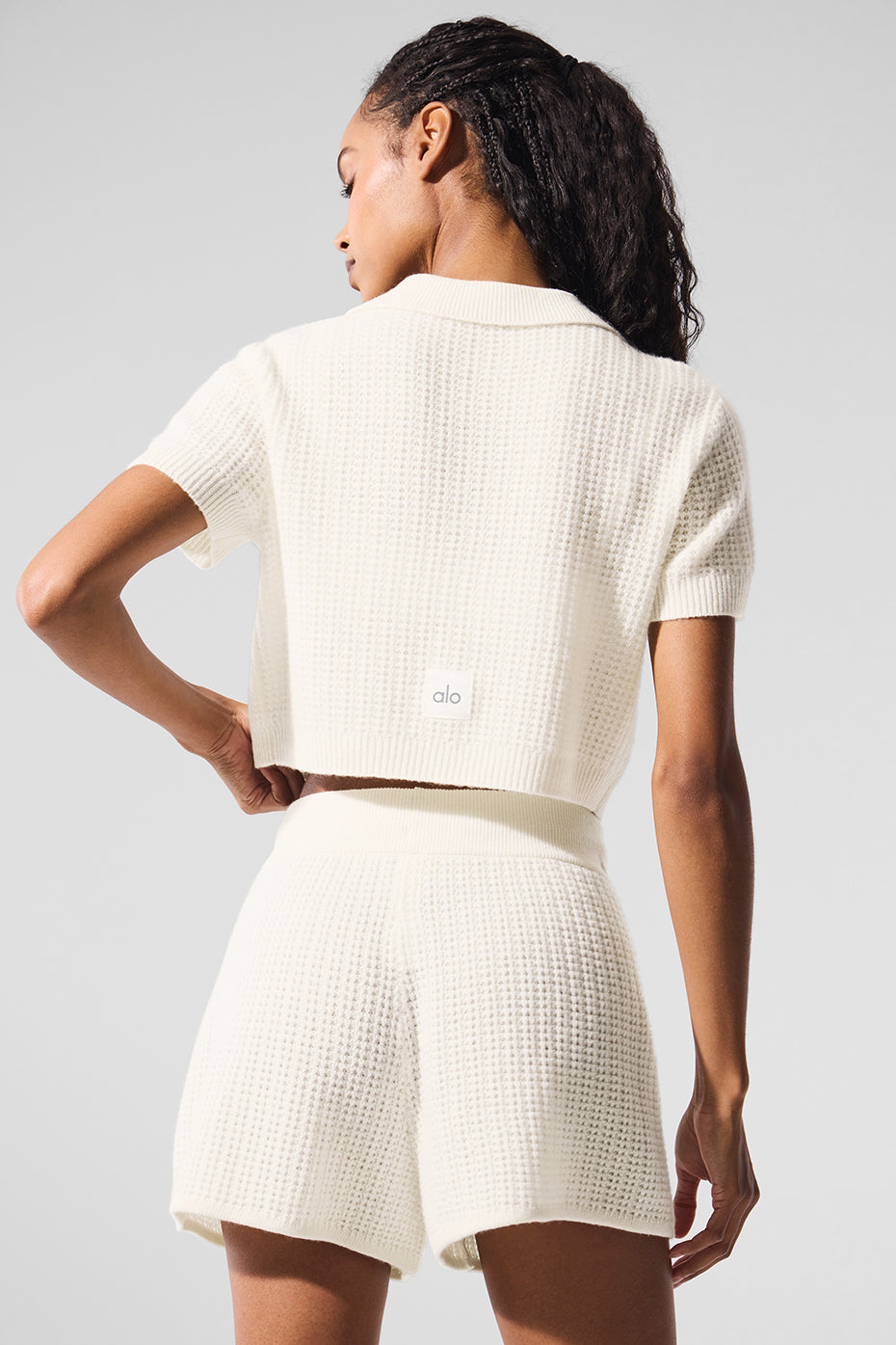 Cashmere Plush Waffle Polo Tee - Ivory