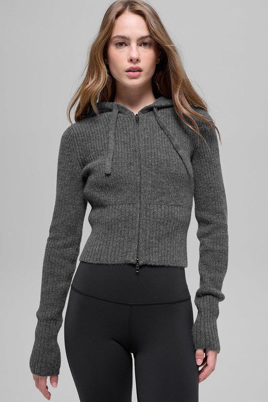 Wool Cashmere Ribbed Noble Full Zip Hoodie - Platinum Grey