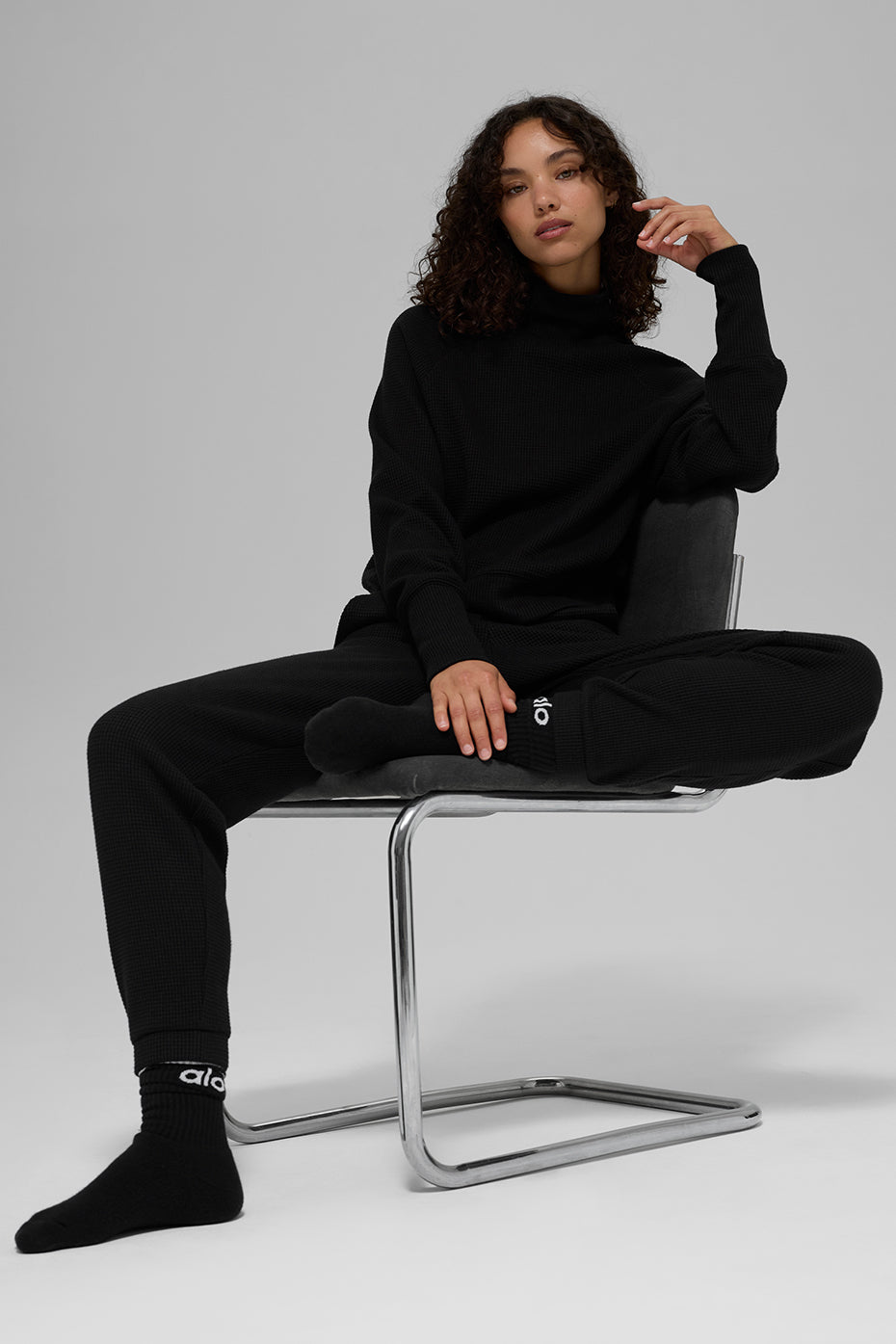 Waffle Weekend Escape Mock Neck Long Sleeve - Black