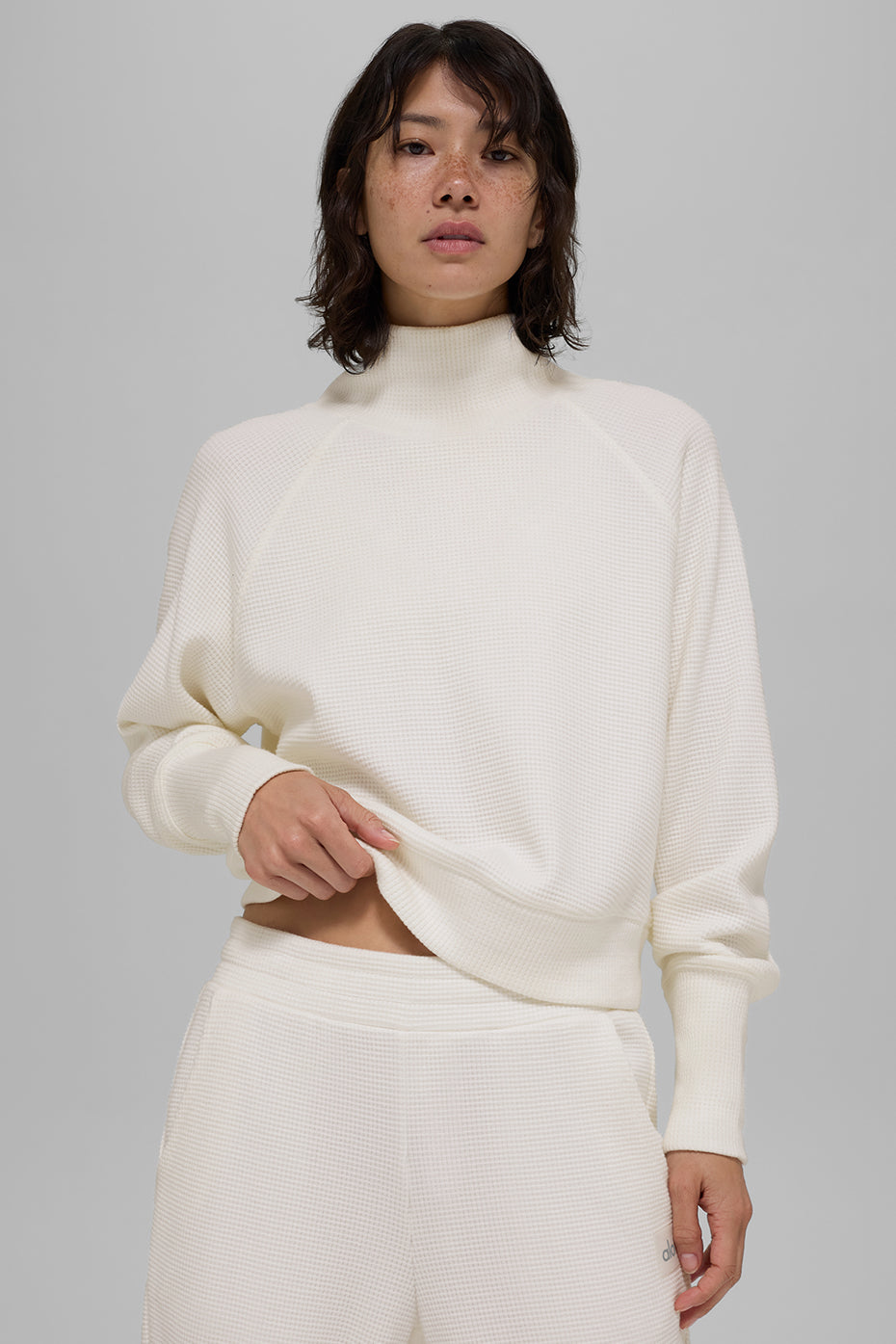 Waffle Weekend Escape Mock Neck Long Sleeve - Ivory