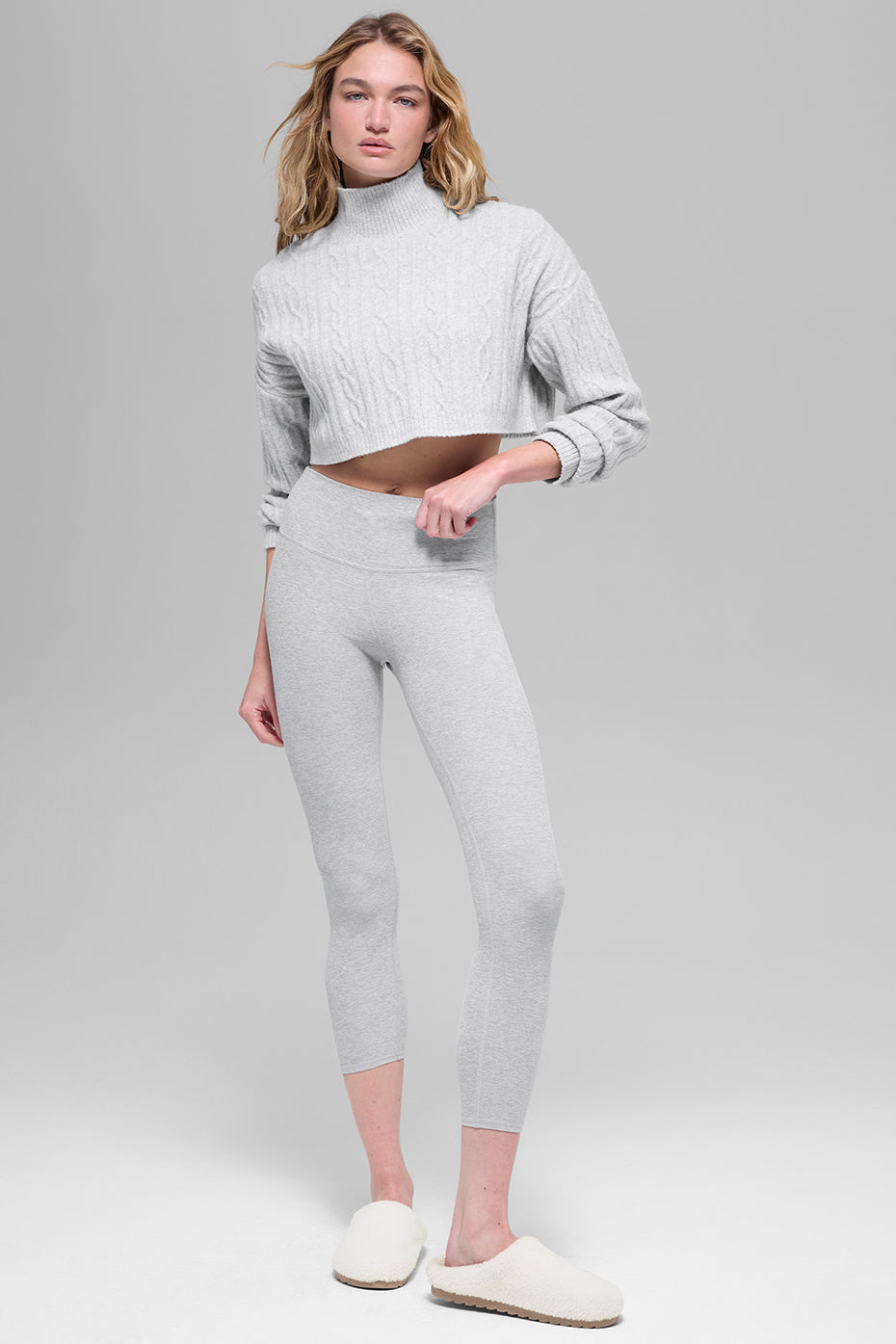 Cable Knit Cropped Winter Bliss Turtleneck Long Sleeve - Athletic Heather Grey