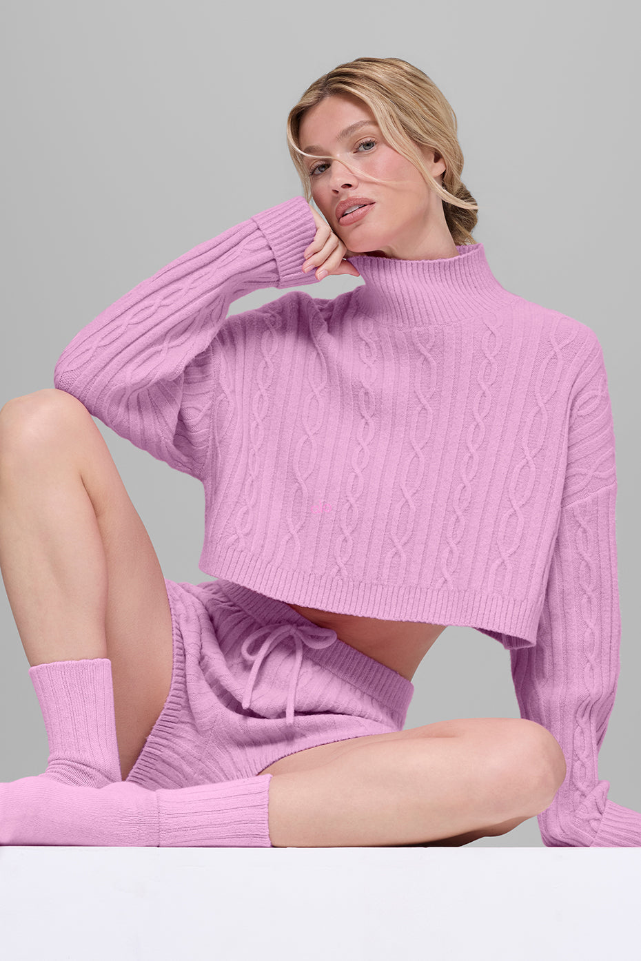 Cable Knit Cropped Winter Bliss Turtleneck Long Sleeve - Candy Heart Pink