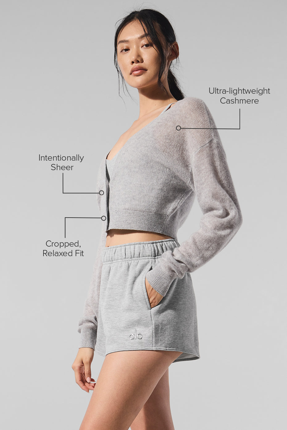 Sheer Cashmere Cropped Cardigan - Athletic Heather Grey