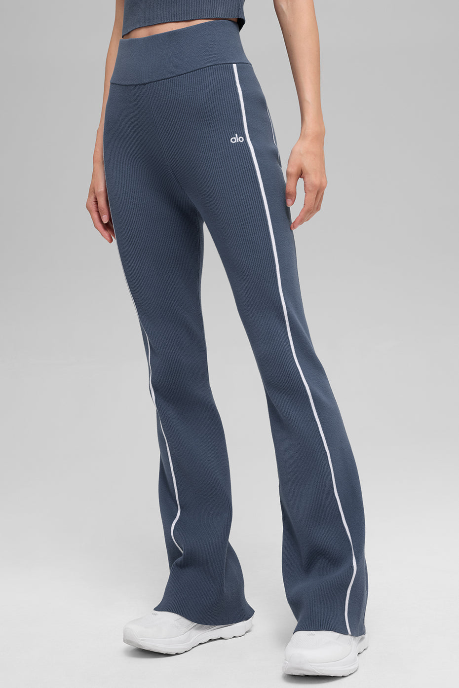 Ribbed Sweater Knit Highline Flare Pant - Bluestone/White