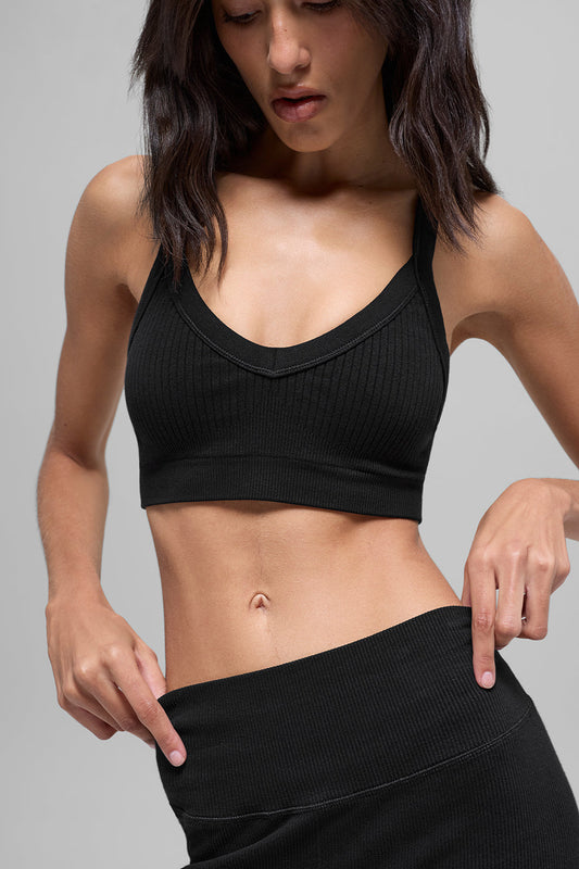 Seamless Two Tone Rib Bra - Black
